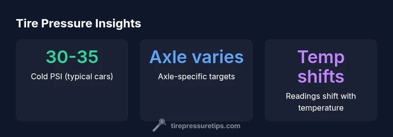 Infographic showing typical cold PSI ranges, axle differences, and temperature effects on tire pressure