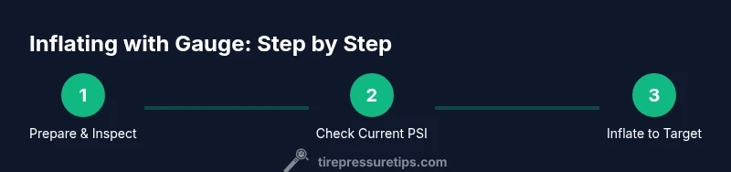 Infographic showing three-step process for inflating tires with a gauge
